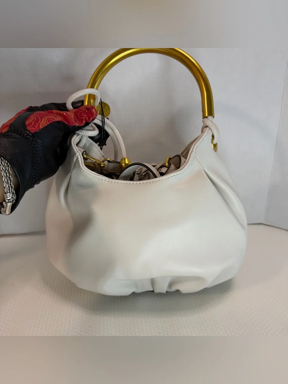 BCBGeneration Cream Hobo Satchel with Gold Ring Handle